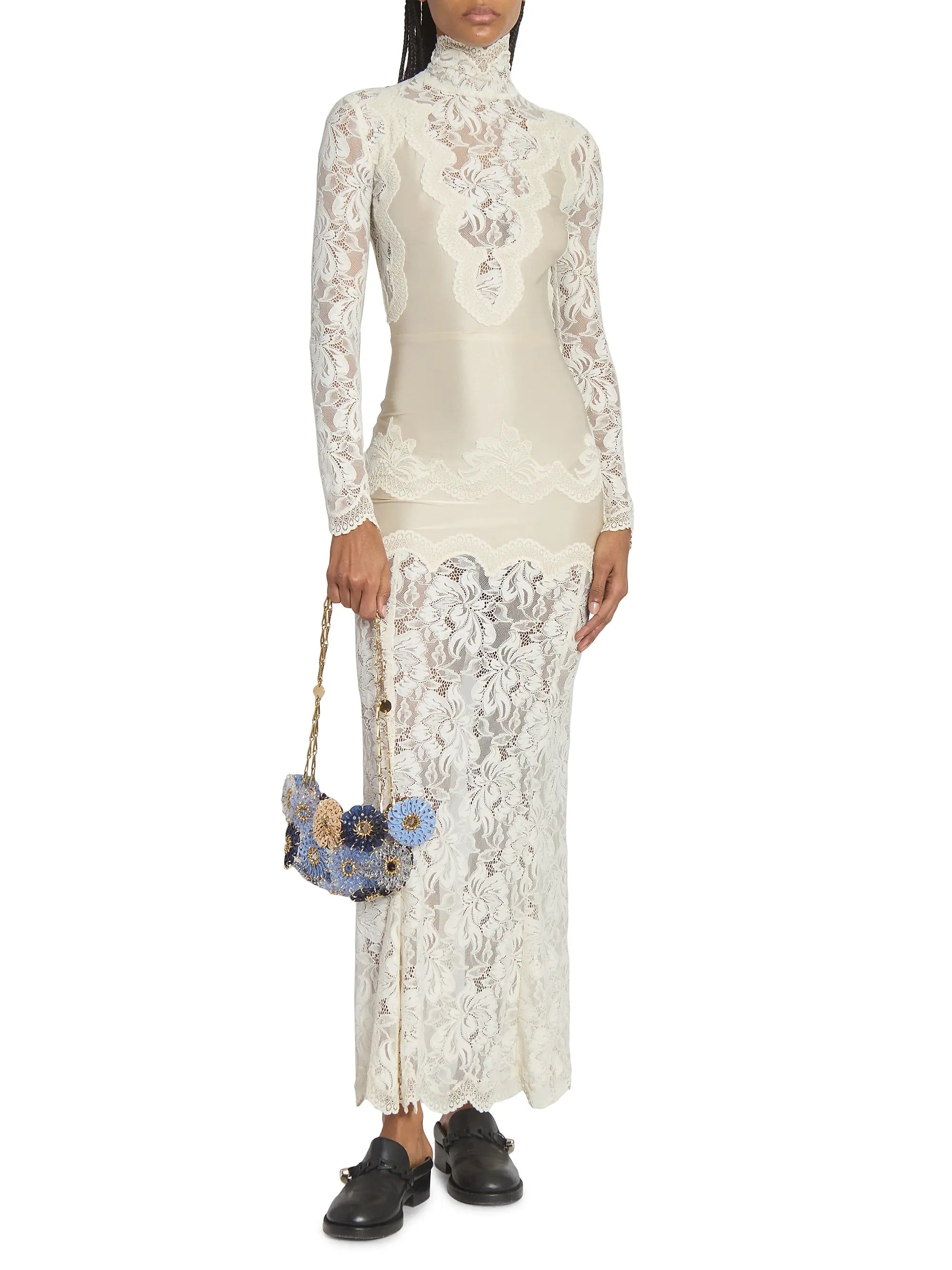 Ivory Long Dress in Lace and Jersey