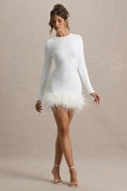 White Sequin High Neck Feather Hem Mini Dress With Long Sleeves