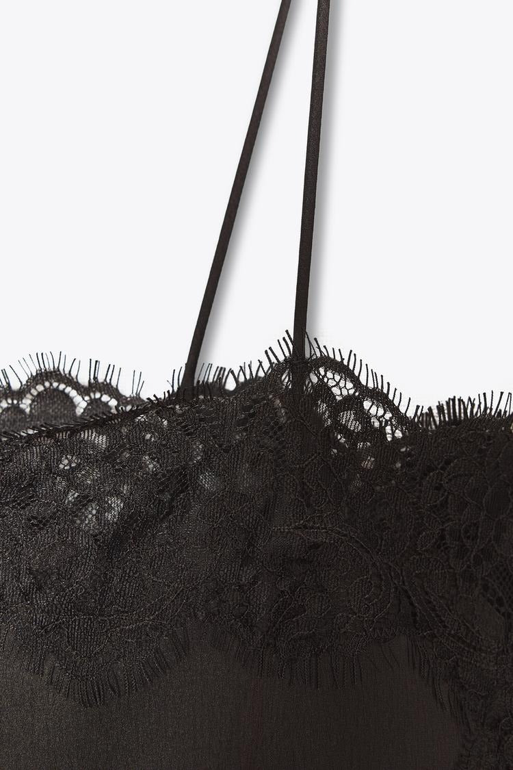 Satin Effect Lace Top - Dark Brown