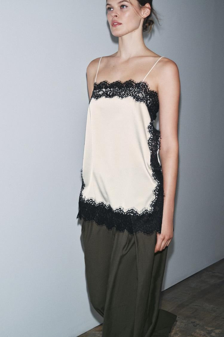 Satin Effect Lace Top - Black / White