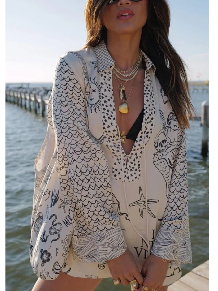 Satin Unique Print Tassle Shirt and Elastic Waist Shorts Set