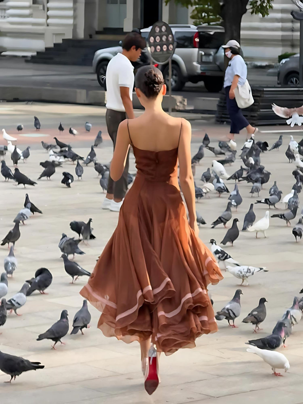 Caramel Chiffon Lace-Trim Midi Dress