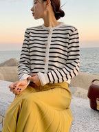 Casual Round Neck Striped Knit Cardigan Sweater Set