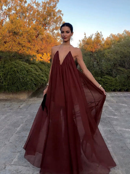 Elegant V-neck Chiffon Flowy Maxi Dress