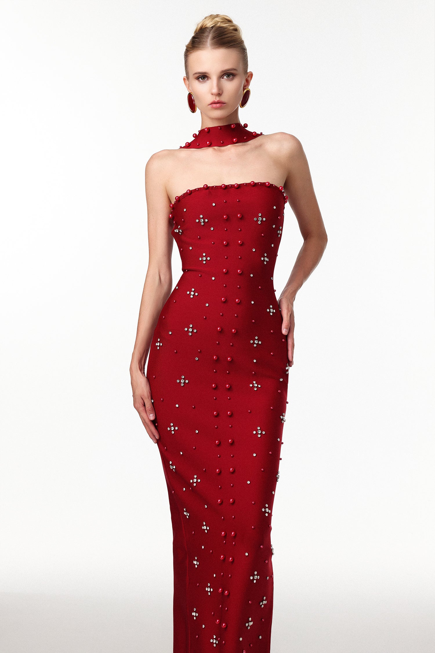 Sleeveless Pearl Wine Bandage Maxi Dress