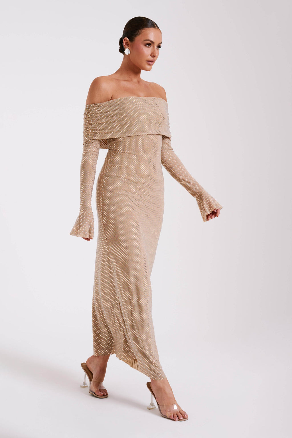 Off Shoulder Diamante Maxi Dress - Nude