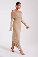 Off Shoulder Diamante Maxi Dress - Nude