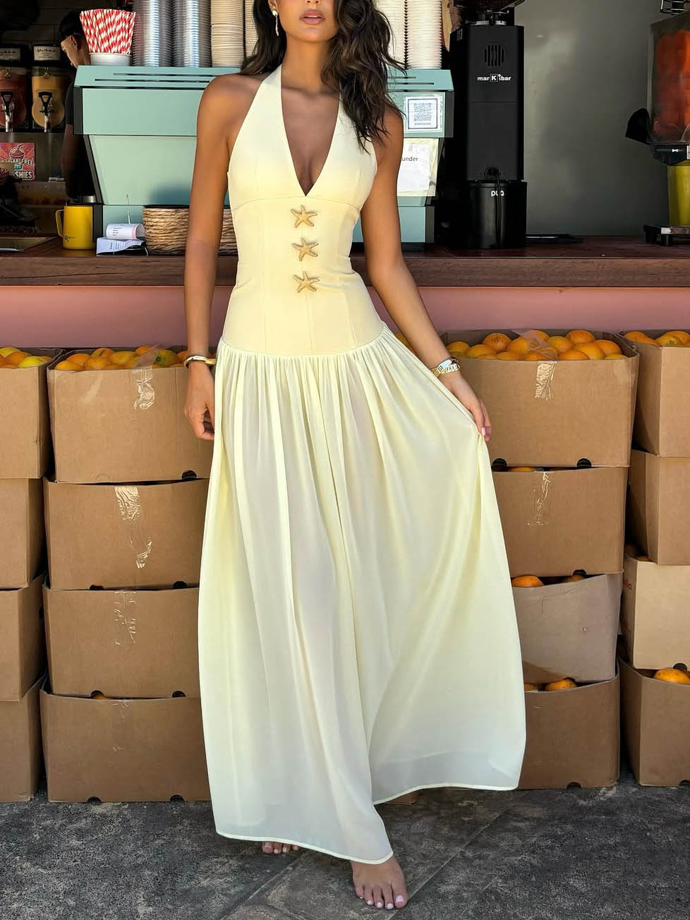 Starfish Halterneck Lace-up Deep V-neck Backless Maxi Dress