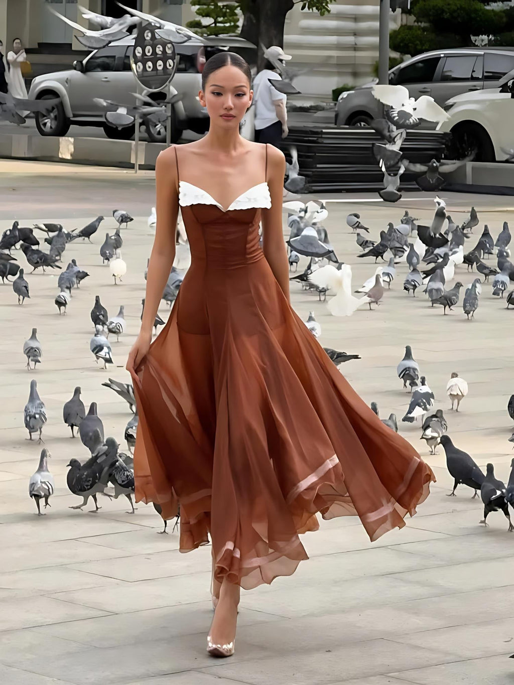 Caramel Chiffon Lace-Trim Midi Dress