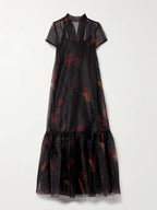 Calluna Tie Neck Tiered Printed Organza Maxi Dress