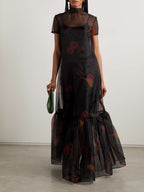 Calluna Tie Neck Tiered Printed Organza Maxi Dress