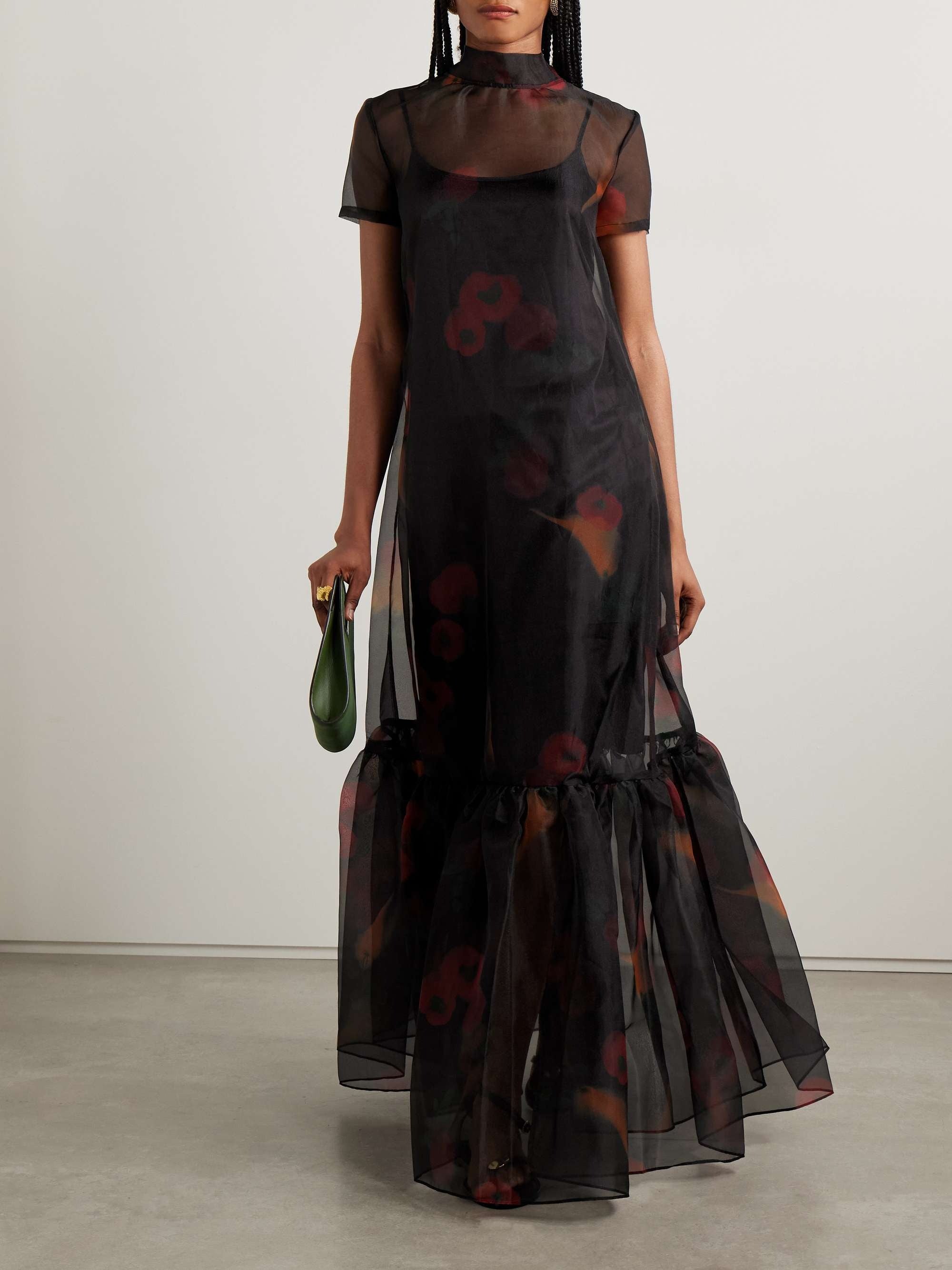 Calluna Tie Neck Tiered Printed Organza Maxi Dress