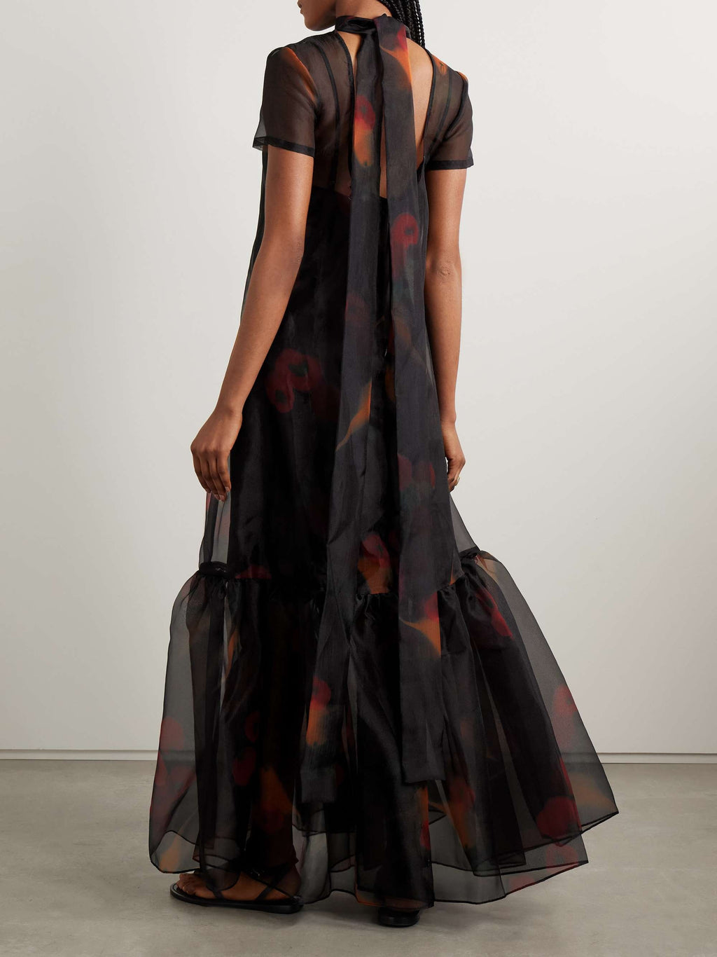 Calluna Tie Neck Tiered Printed Organza Maxi Dress