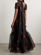 Calluna Tie Neck Tiered Printed Organza Maxi Dress