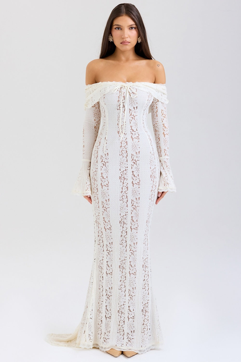 Vintage Cream Floral Lace Off Shoulder Maxi Dress