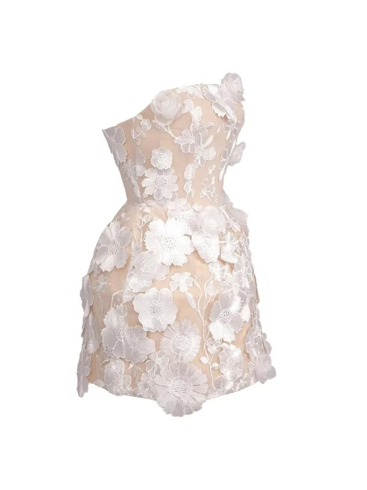 Embroidery Off Shoulder Sleeveless Gauze Floral Mini Dress