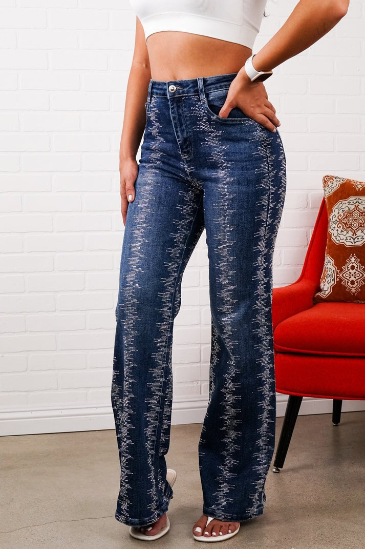 Rhinestone Straight-Leg Jeans – Sparkly High Waisted Denim