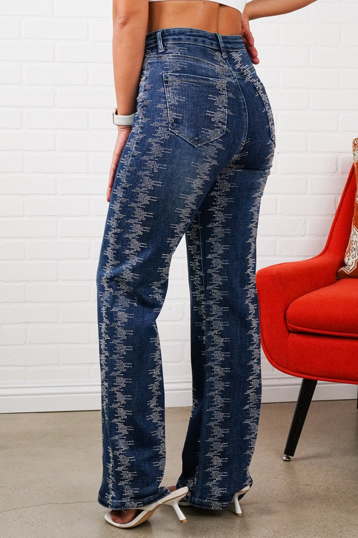 Rhinestone Straight-Leg Jeans – Sparkly High Waisted Denim