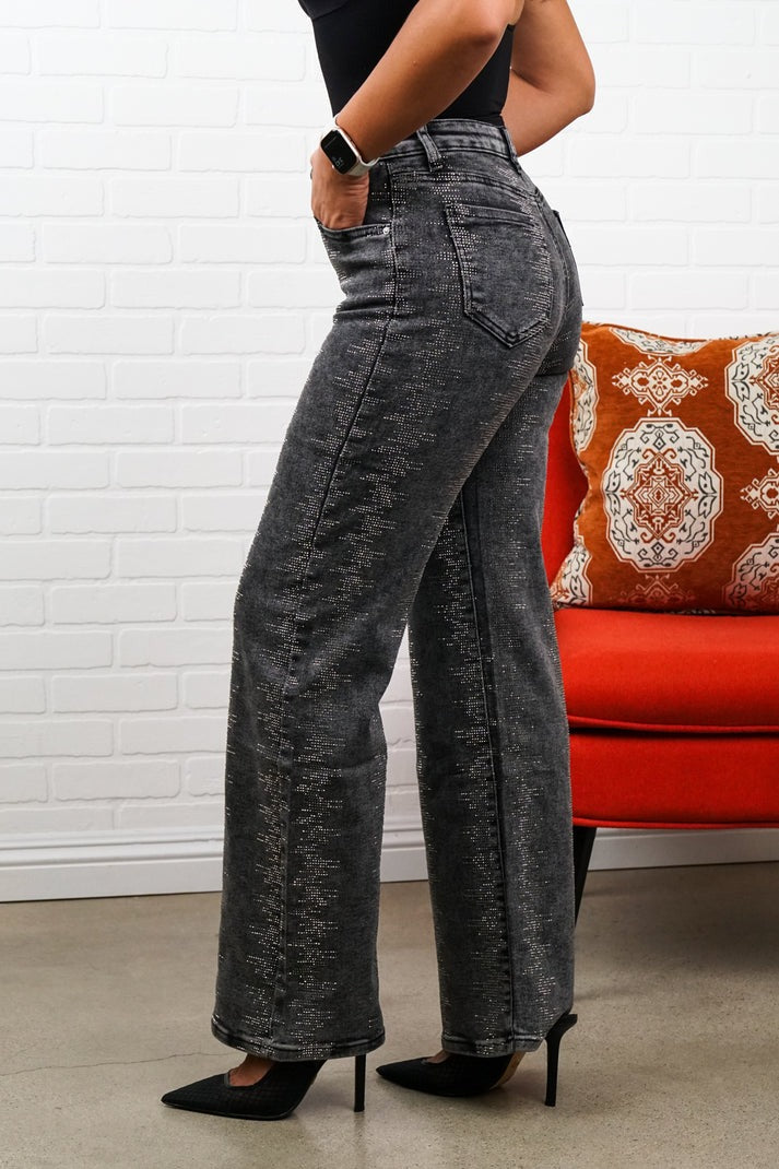 Rhinestone Straight-Leg Jeans – Sparkly High Waisted Denim