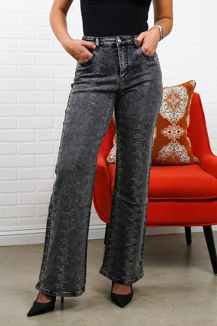 Rhinestone Straight-Leg Jeans – Sparkly High Waisted Denim