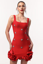 Sleeveless Diamond Flowers Red Mini Dress