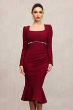 Square Collar Long Sleeves Fishtail Pearl Midi Dress