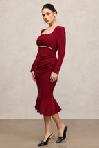 Square Collar Long Sleeves Fishtail Pearl Midi Dress