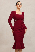 Square Collar Long Sleeves Fishtail Pearl Midi Dress