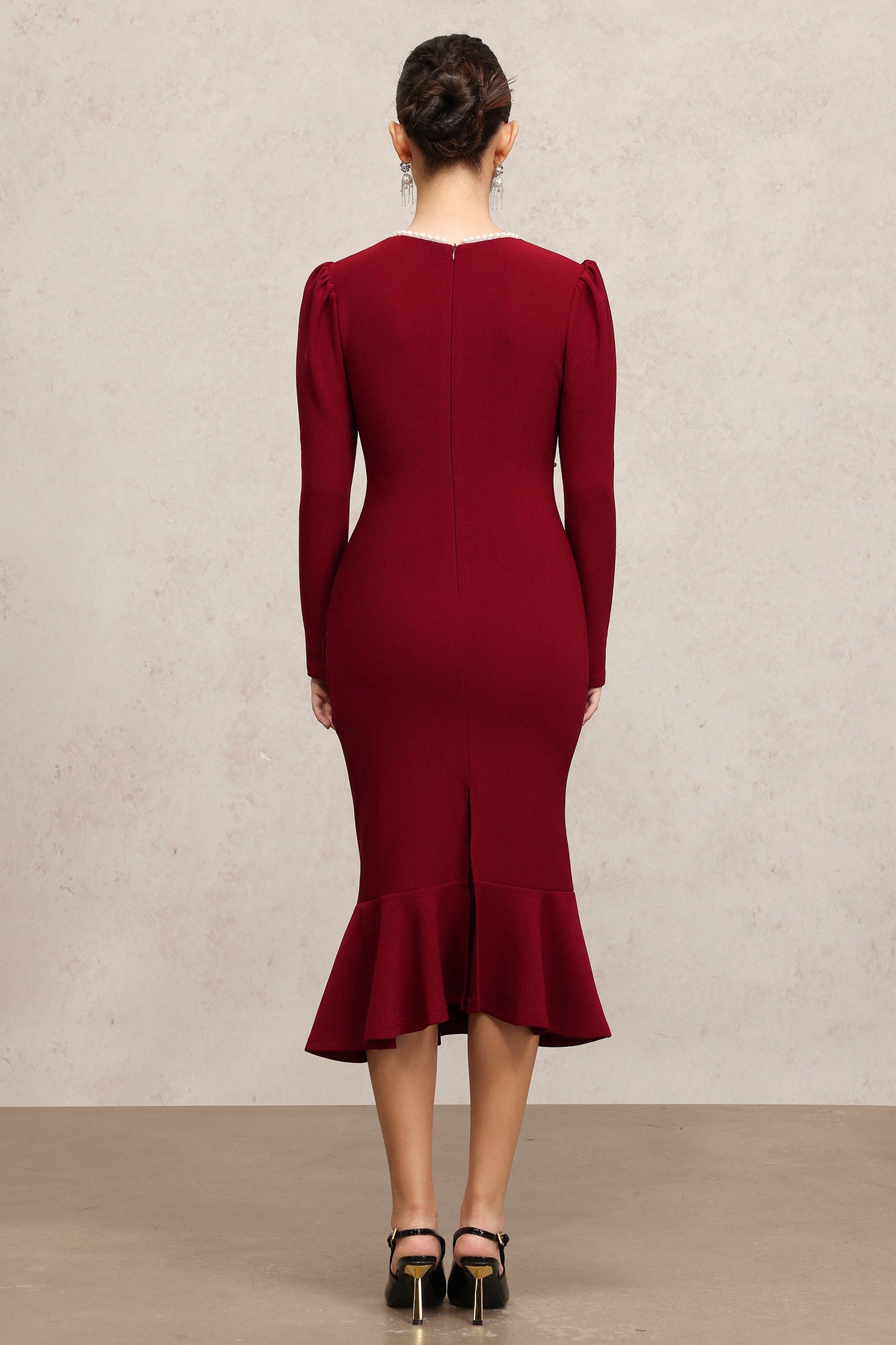 Square Collar Long Sleeves Fishtail Pearl Midi Dress