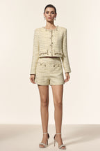 Round Neck Long Sleeves Pearl Top And Shorts Two-Piece Set