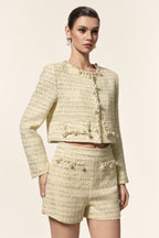 Round Neck Long Sleeves Pearl Top And Shorts Two-Piece Set