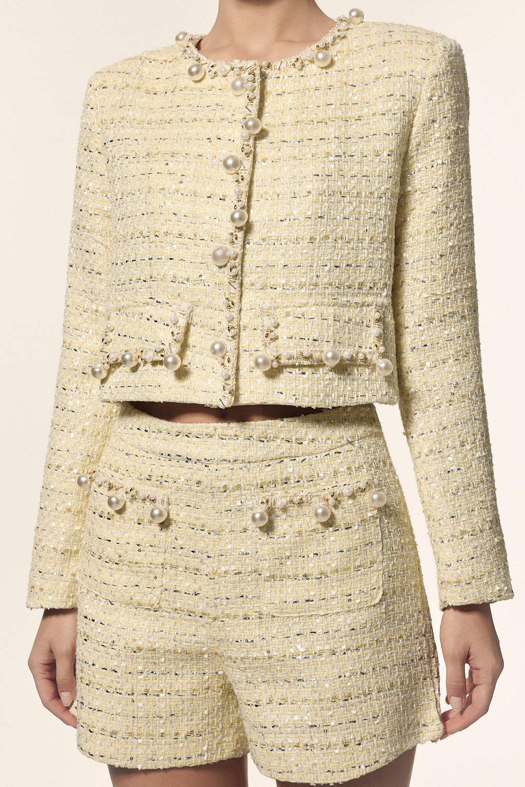 Round Neck Long Sleeves Pearl Top And Shorts Two-Piece Set