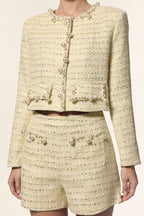 Round Neck Long Sleeves Pearl Top And Shorts Two-Piece Set