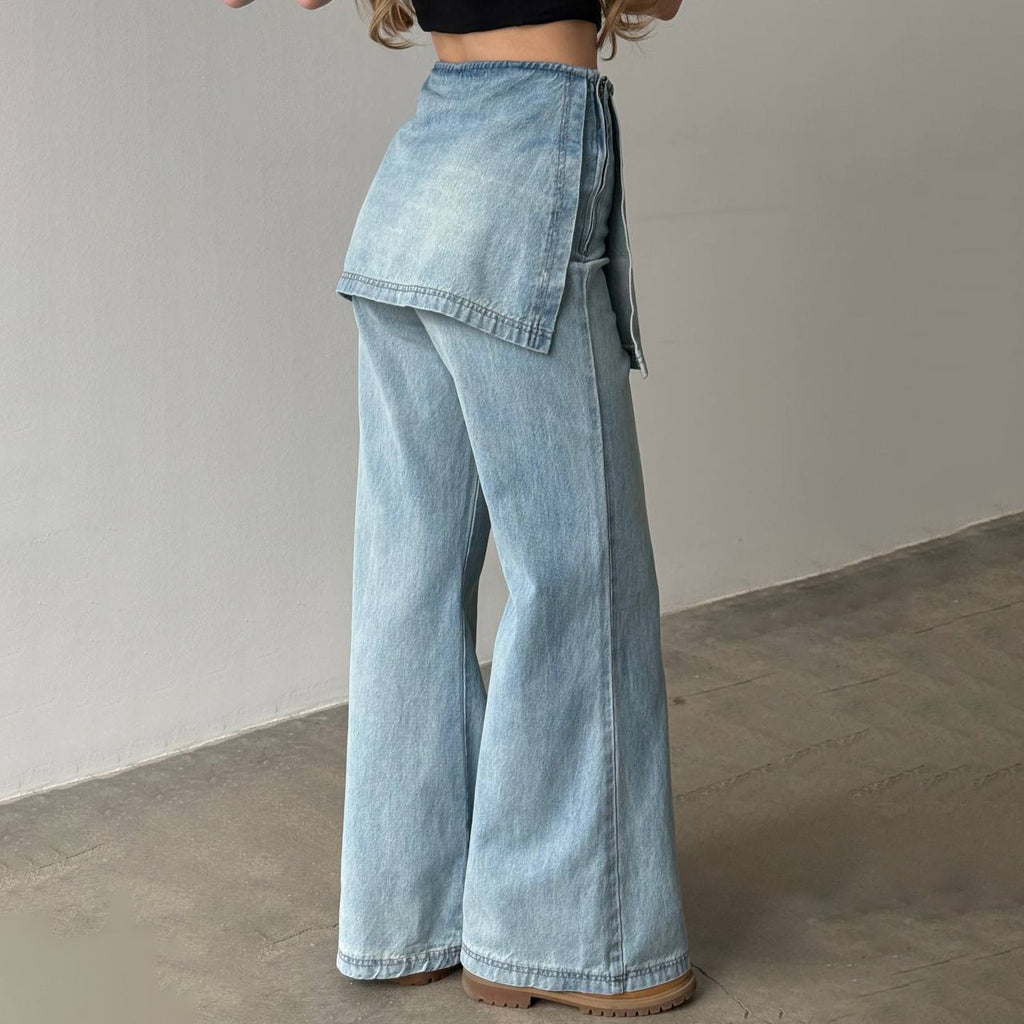 Side Zipper Two-Tone Vintage Washed High-Waist Jeans