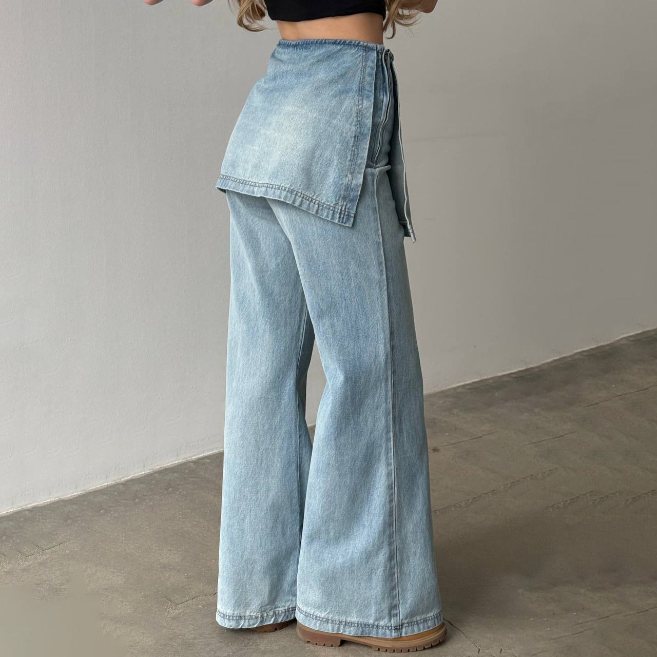Side Zipper Two-Tone Vintage Washed High-Waist Jeans