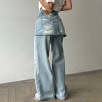 Side Zipper Two-Tone Vintage Washed High-Waist Jeans