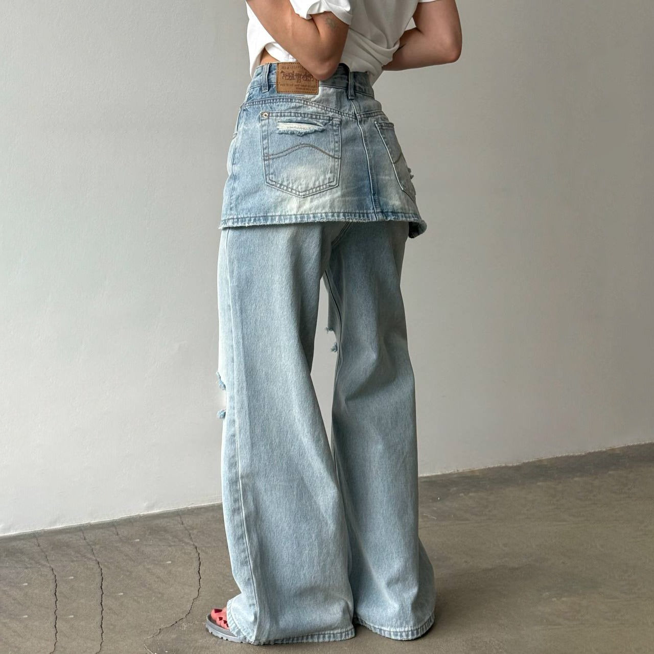 Side Zipper Two-Tone Vintage Washed High-Waist Jeans