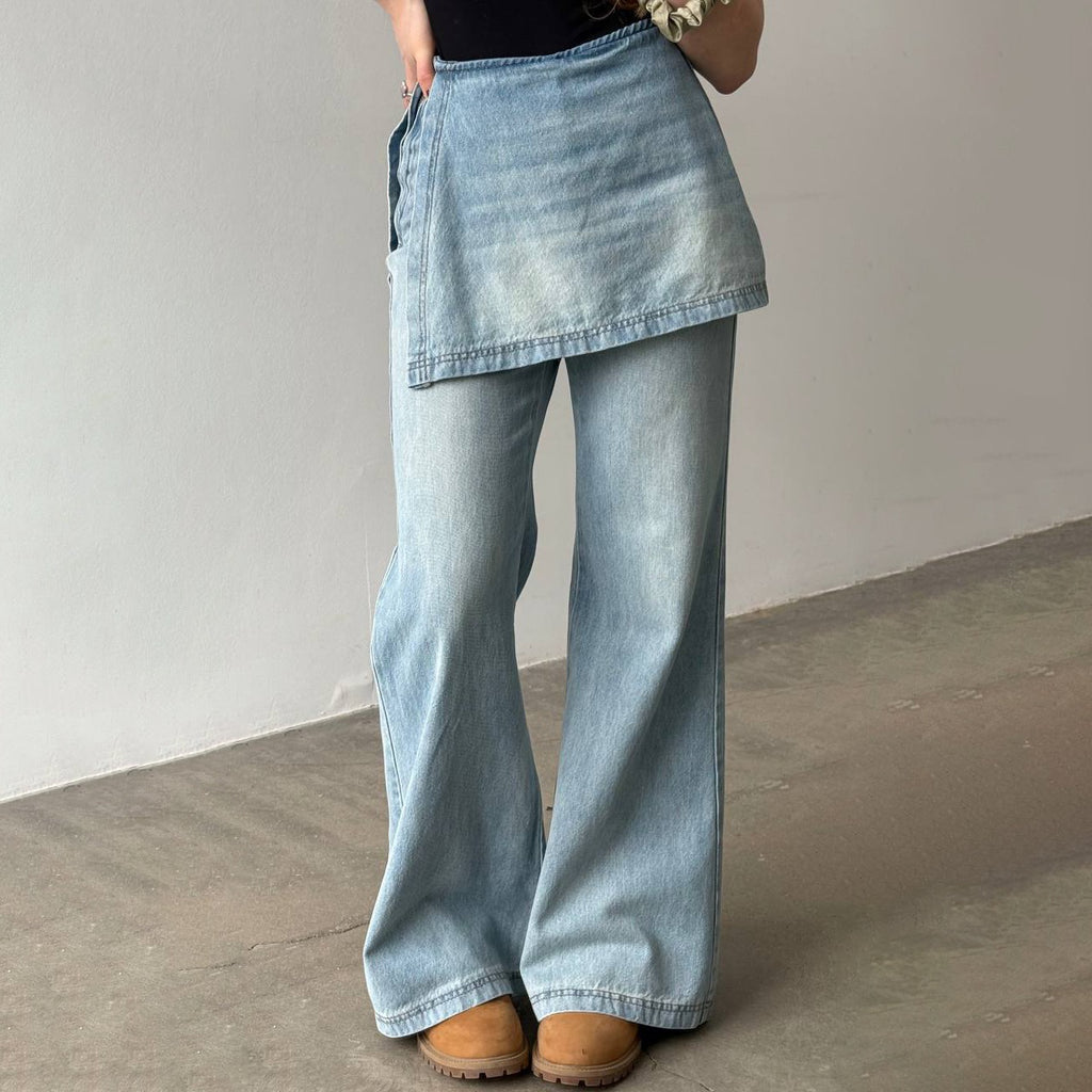 Side Zipper Two-Tone Vintage Washed High-Waist Jeans