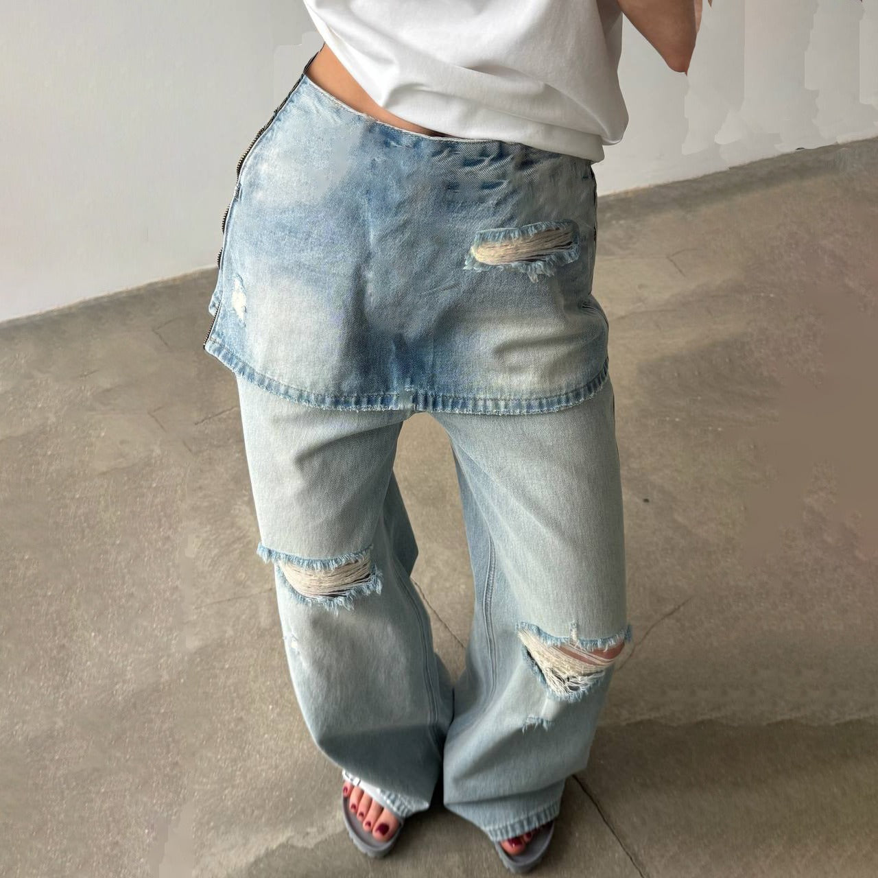 Side Zipper Two-Tone Vintage Washed High-Waist Jeans