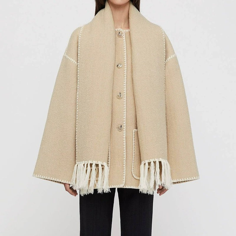 Draped Fringed Blend Jacket With Scarf