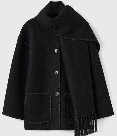 Draped Fringed Blend Jacket With Scarf