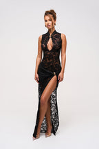Lace Keyhole Maxi Dress in Black