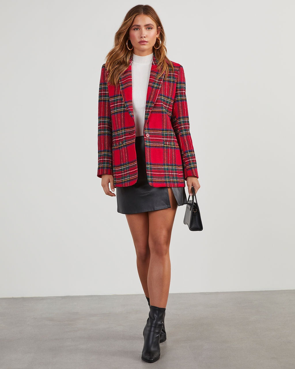 Eve Pocketed Plaid Blazer - Red