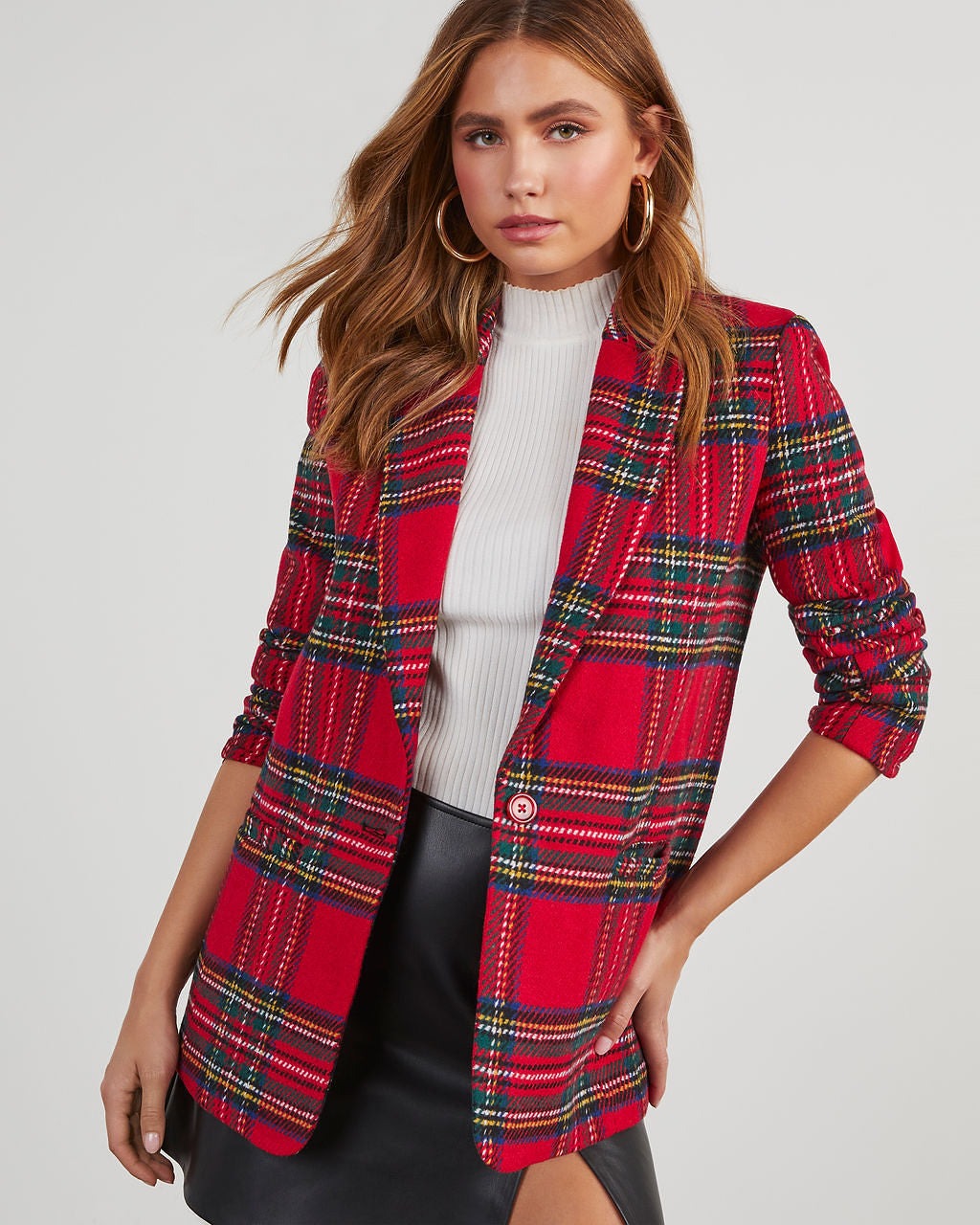 Eve Pocketed Plaid Blazer - Red