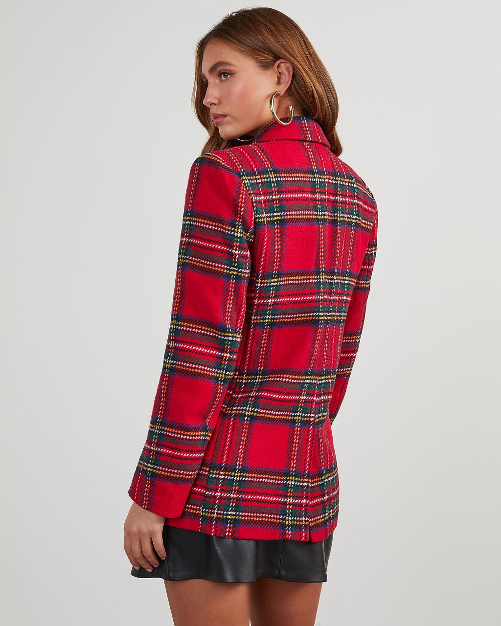 Eve Pocketed Plaid Blazer - Red