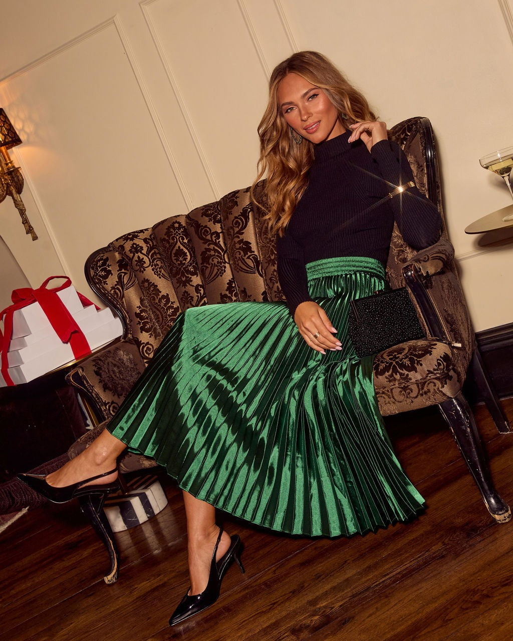 Home To You Pleated Satin Midi Skirt - Green