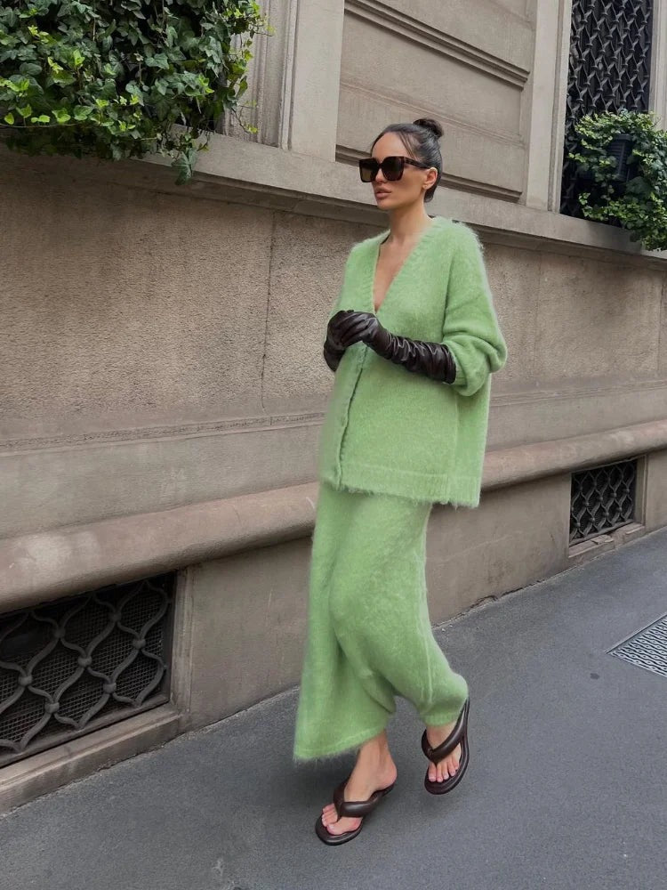 Cardigan Skirt Set - Apple Green