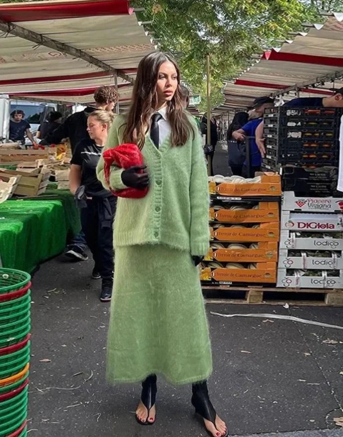 Cardigan Skirt Set - Apple Green