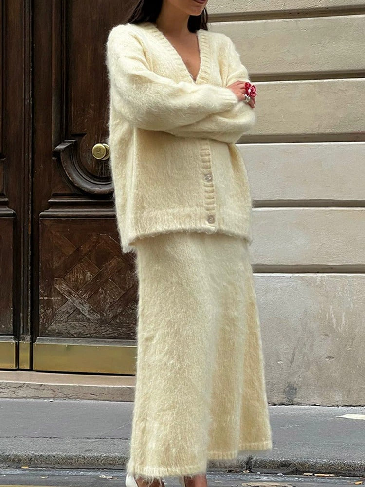 Cardigan Skirt Set - Apricot