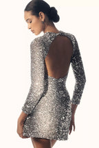 Long-Sleeve Open-Back Sequin Mini Dress
